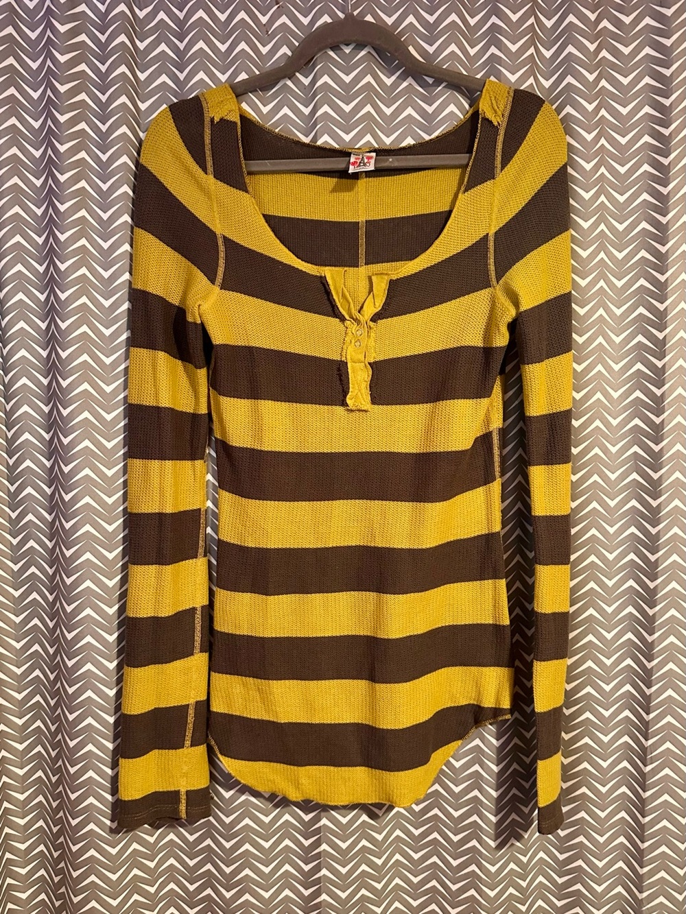 Vintage FREE PEOPLE | Y2K Yellow/Brown Striped Henley, M